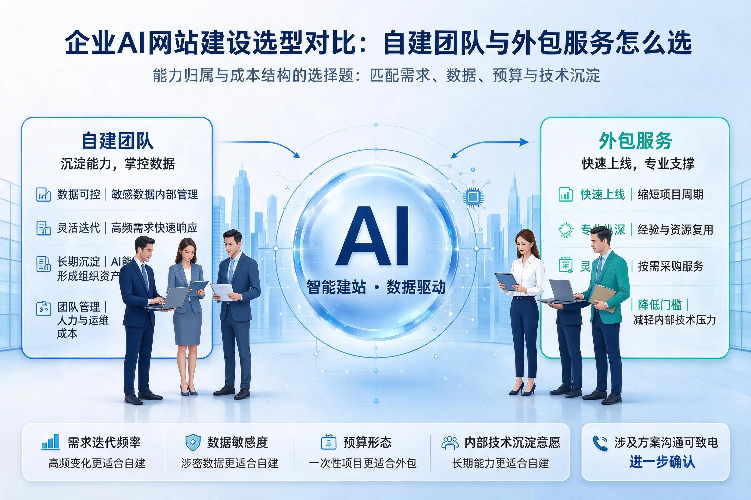 海北企业AI网站建设选型对比：自建团队与外包服务怎么选